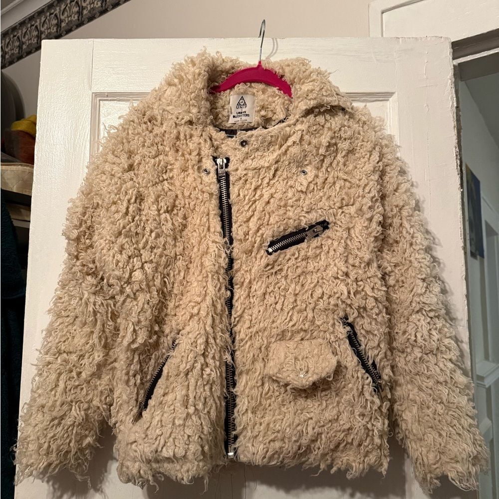 UNIF x Urban Outfitters Sherpa Teddy Moto Jacket Cream Size S